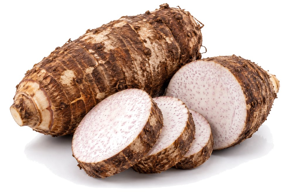 Malanga root, whole and sliced