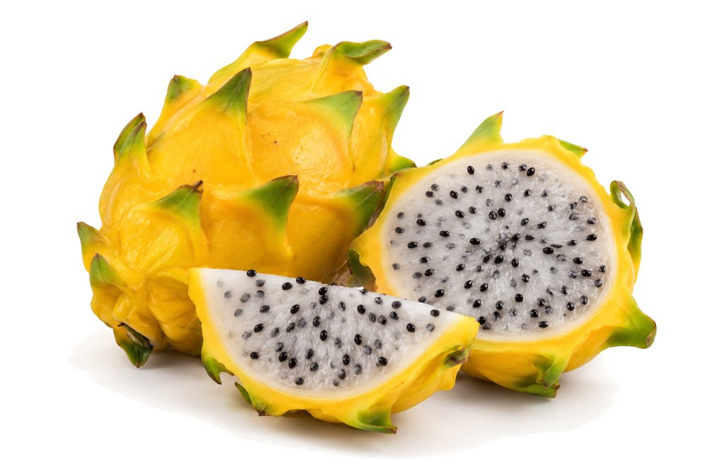 Ecuadorian yellow pitahaya, whole and cut